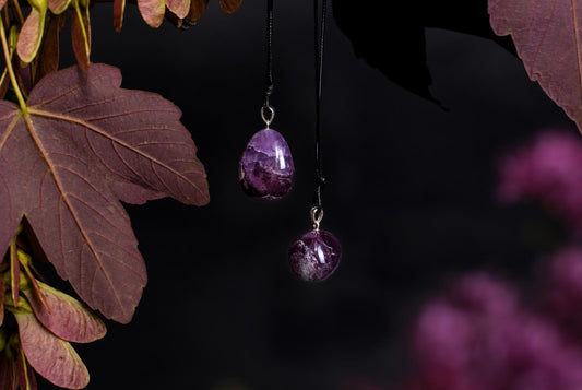 Dvi violetinės spalvos pakabukos su sidabriniais kabikais ir juodomis virinėmis, kabančios tamsiame fone tarp raudonų lapų.