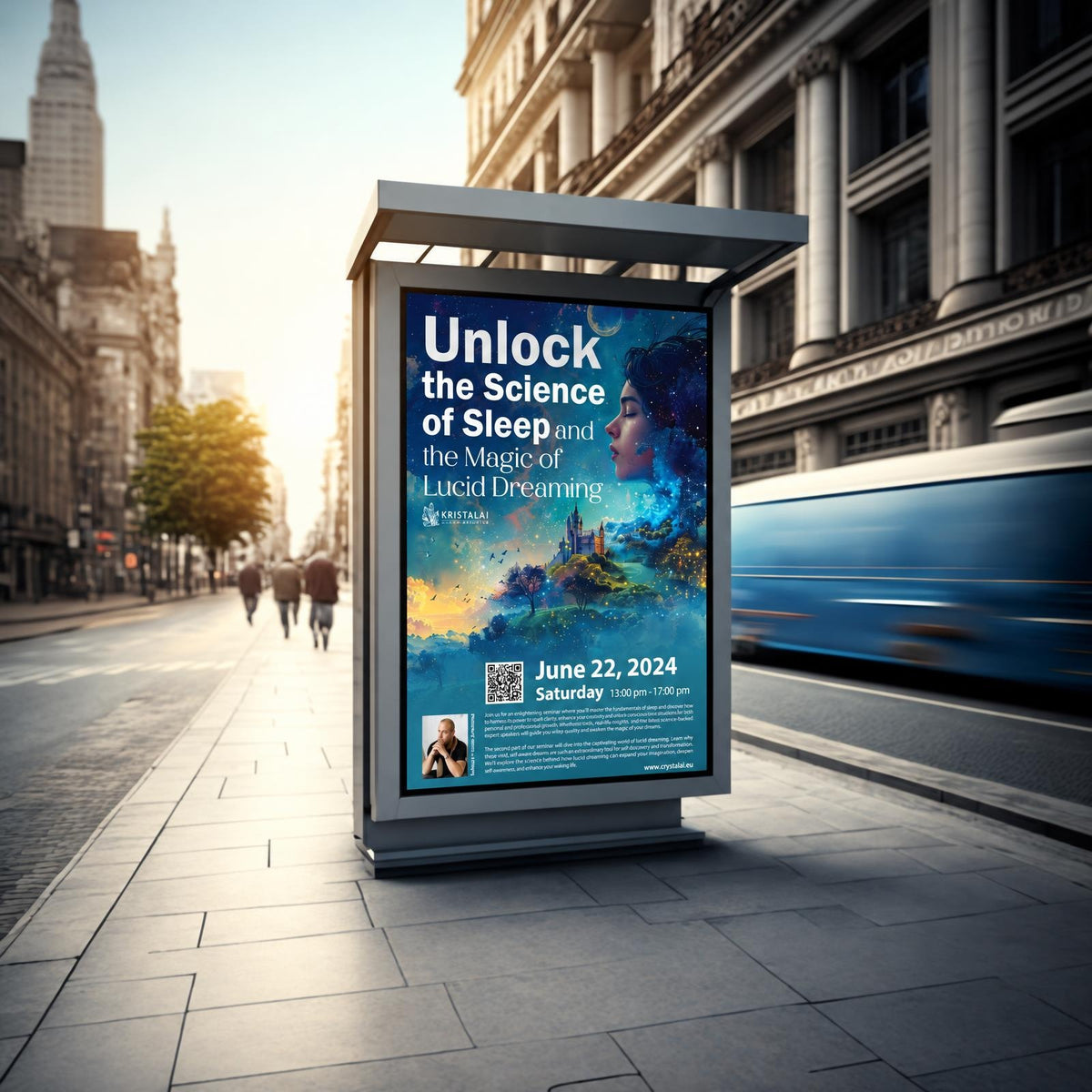 Išorinėje miesto erdvėje stovintis reklaminis skydelis su spalvotu plakatu apie miego mokslą ir sąmoningų sapnų magiją.